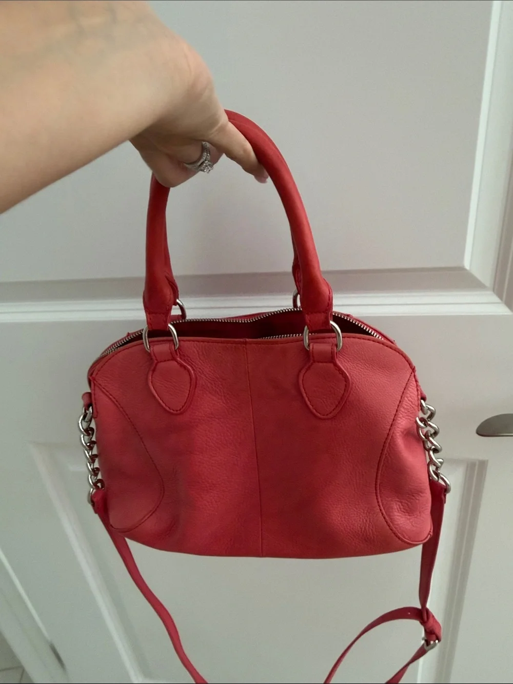 Audrey Brooke Red Leather Satchel with Chain Shoulder Detail